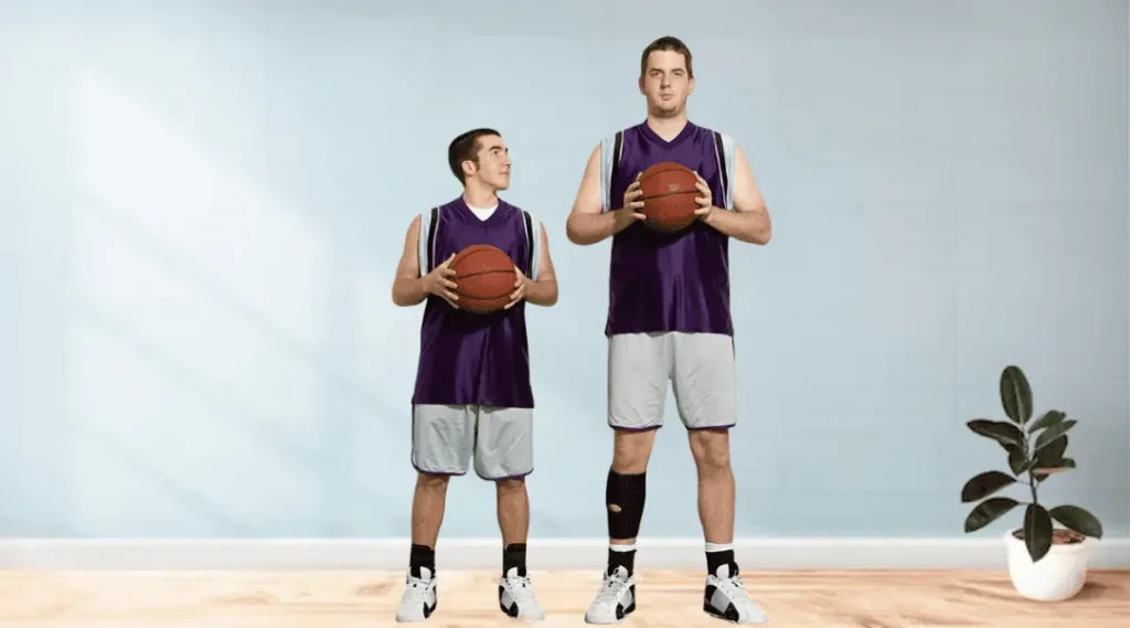 an image showing comparsion of height of one man with another and both are holding basket ball
