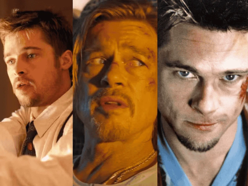 Collage of Brad Pitt in iconic movie roles, highlighting his 5 feet 11 inches frame in various characters.