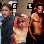 Collage of Brad Pitt in iconic movie roles, highlighting his 5 feet 11 inches frame in various characters.