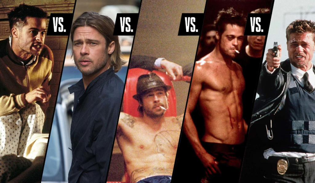 Collage of Brad Pitt in iconic movie roles, highlighting his 5 feet 11 inches frame in various characters.