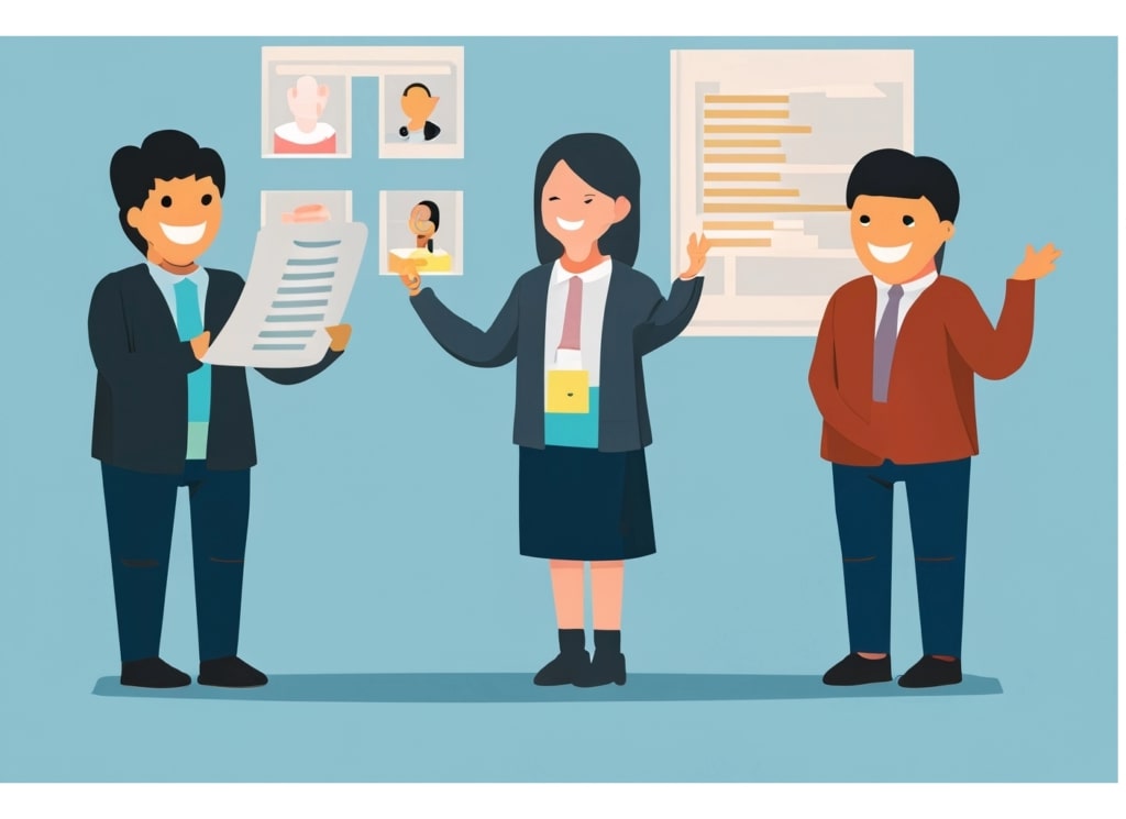 Illustration of casting directors reviewing headshots and resumes, highlighting the role height can play in casting decisions