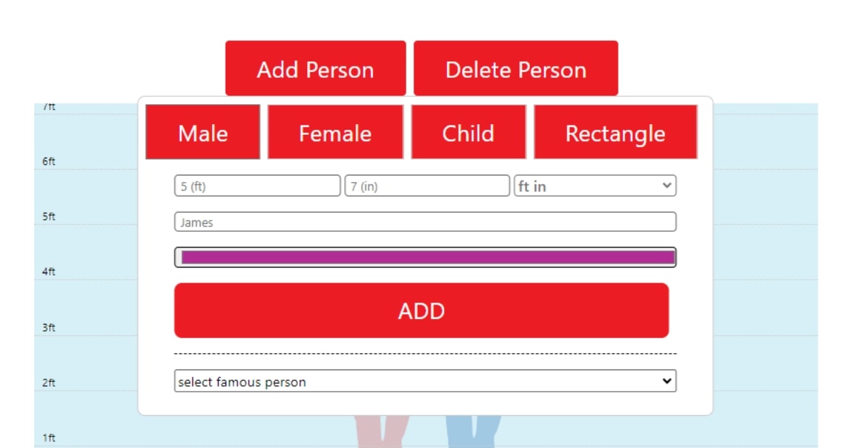 User interface of a height comparison calculator with input fields for height, gender and shape