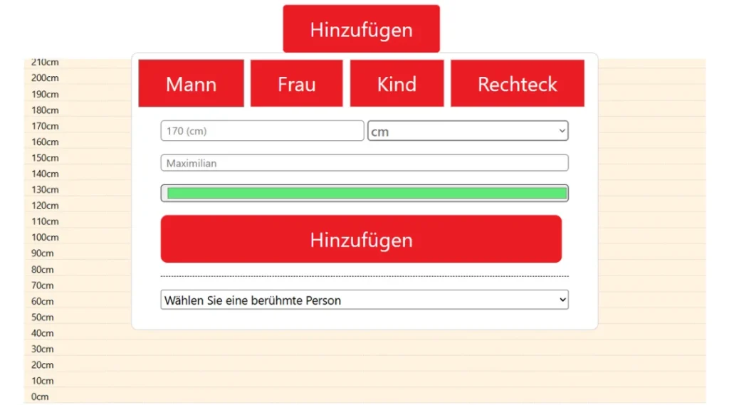 Höhenvergleichsrechner Eingabeoberfläche zum Vergleichen von Körpergrößen