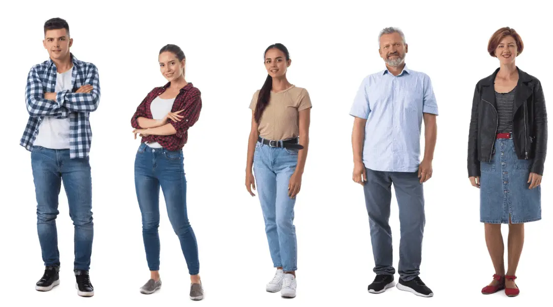 Diverse group of people standing in a row showing different ages and styles