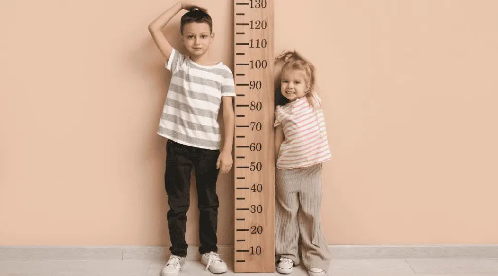 Height myths illustration showing children measuring their height on a growth chart.