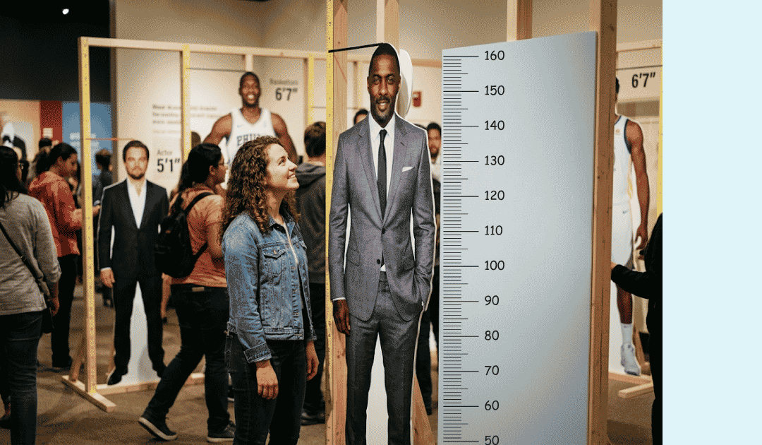 A woman looking up at a tall cardboard cutout of a man in a suit next to a height measurement chart.