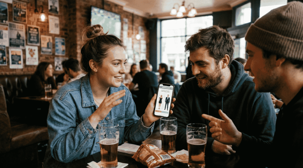 A woman shows a smartphone displaying height comparison choices to two men sitting at a table