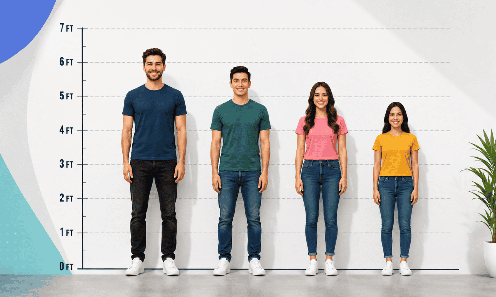 A clean infographic showing front-facing avatars of different heights, each with random names, on a light minimal background.