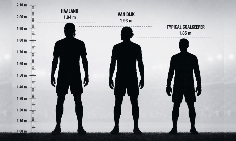 Haaland, Van Dijk and a goalkeeper compared by height ruler.